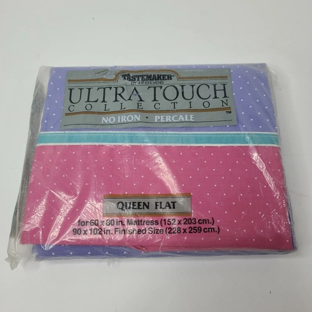 Vintage Taste Maker No Iron Percale Pink/purple polka dot Queen Flat Sheet USA